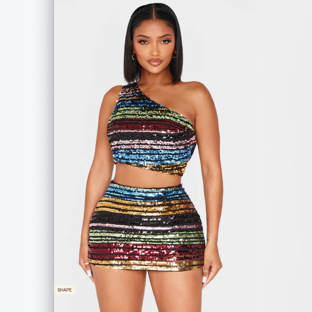Shape Multi Stripe Sequin One Shoulder Crop Top and Skirt Set